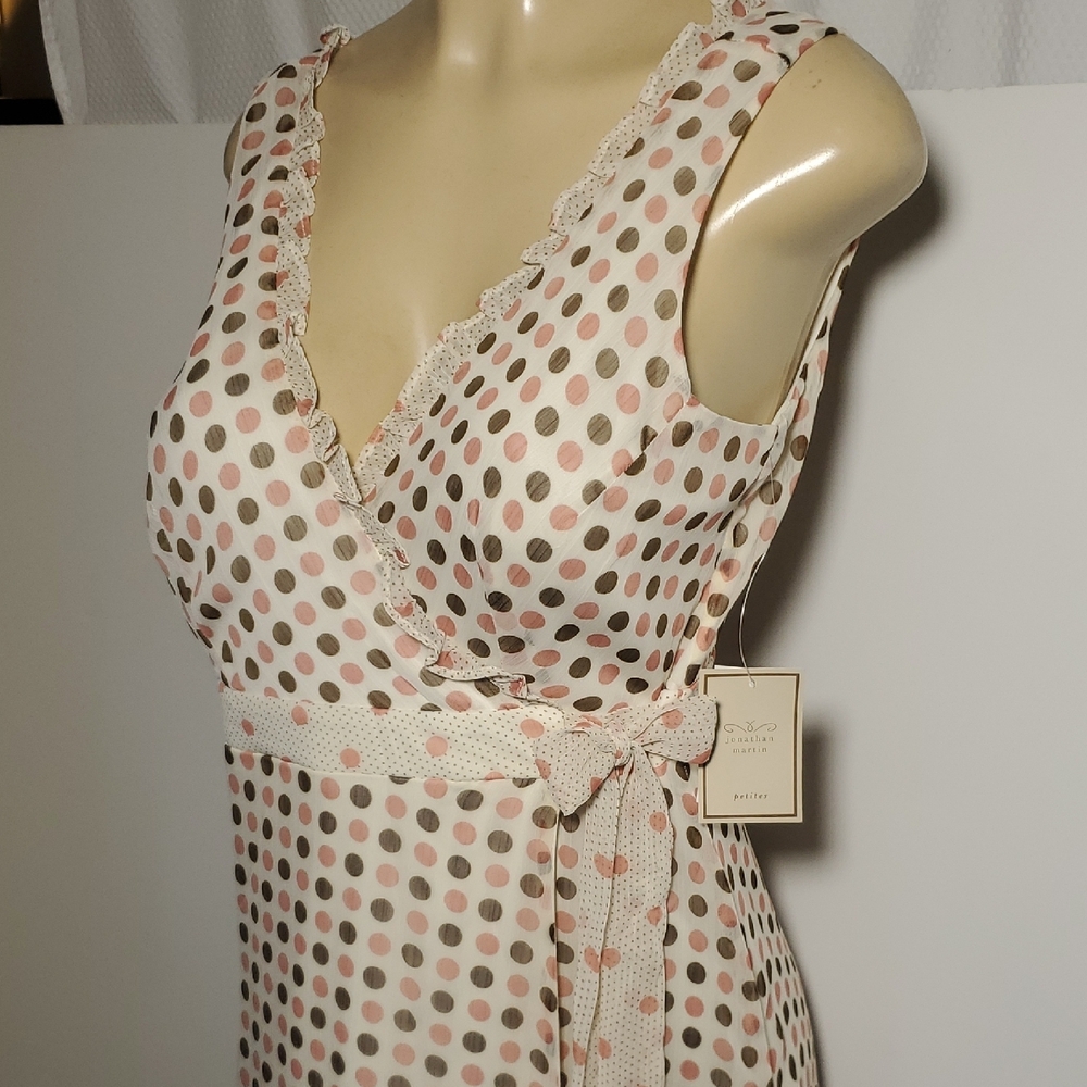 NWT Jonathan Martin Polka Dot Wrap Midi Dress Size 8 Cream Color Brown Pink Dot - Picture 2 of 12